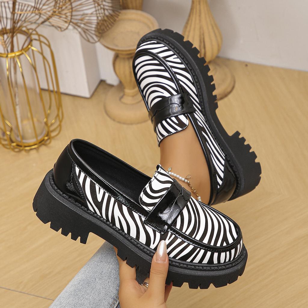 Fashion Cow Print Zebra Print Chunky Platform Flats Women 2025 Autumn Pu Leather Thick Sole Loafers Woman Plus Size Uniform Lolita Shoes