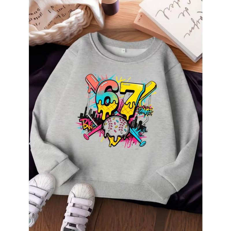 Unisex Kids Crewneck Sweatshirt For Over 4 Years Old Boys Girls Graffiti Ice Cream Donut Baseball Bat City Number 67 Print Pullover For 4-12 Kids