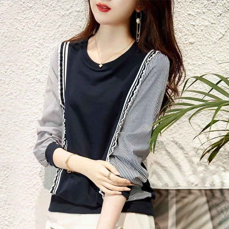 Spring and Autumn Fashion Versatile Slim Stripe Splice Fake Two Piece Long Sleeve Round Neck Loose Reducing Age Women's Sweater