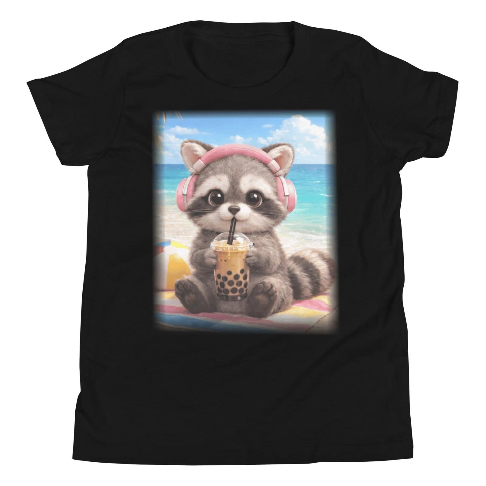 Cute Raccoon Drink Boba Tea on the Beach Novelty Youth Short Sleeve T-Shirt 100