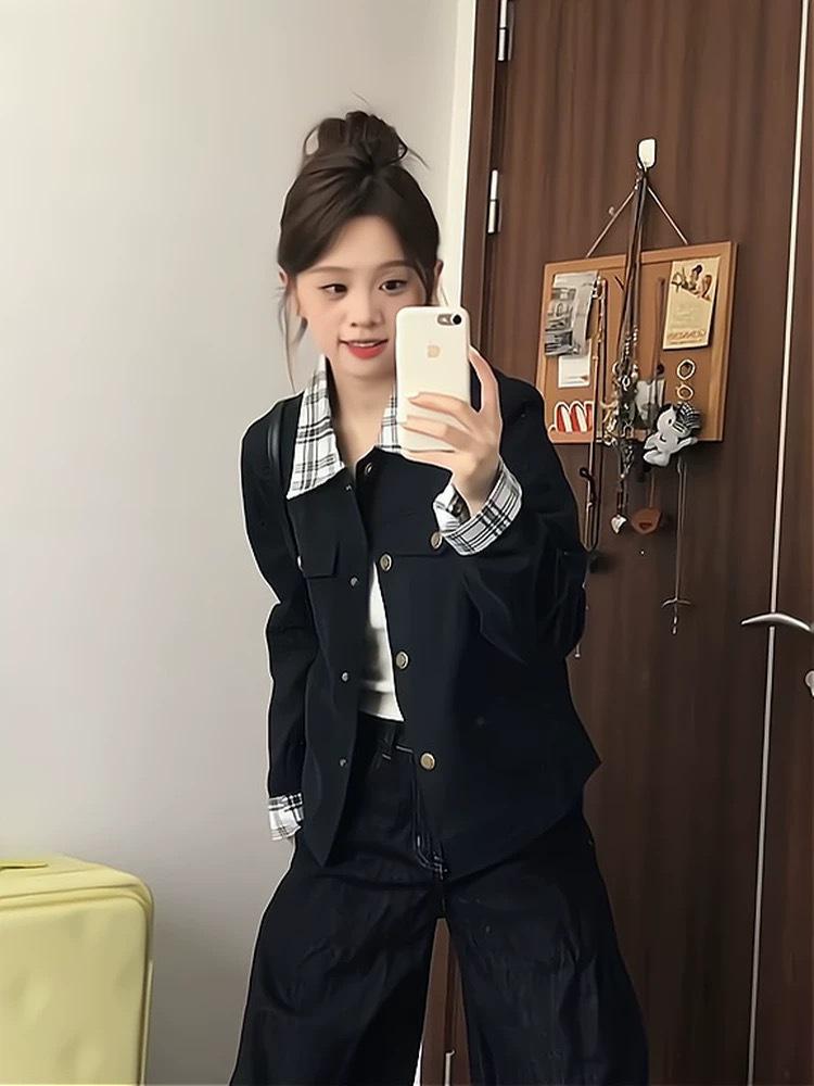Trendy Petite Plaid Lapel Jacket for Women - Spring/Autumn 2025