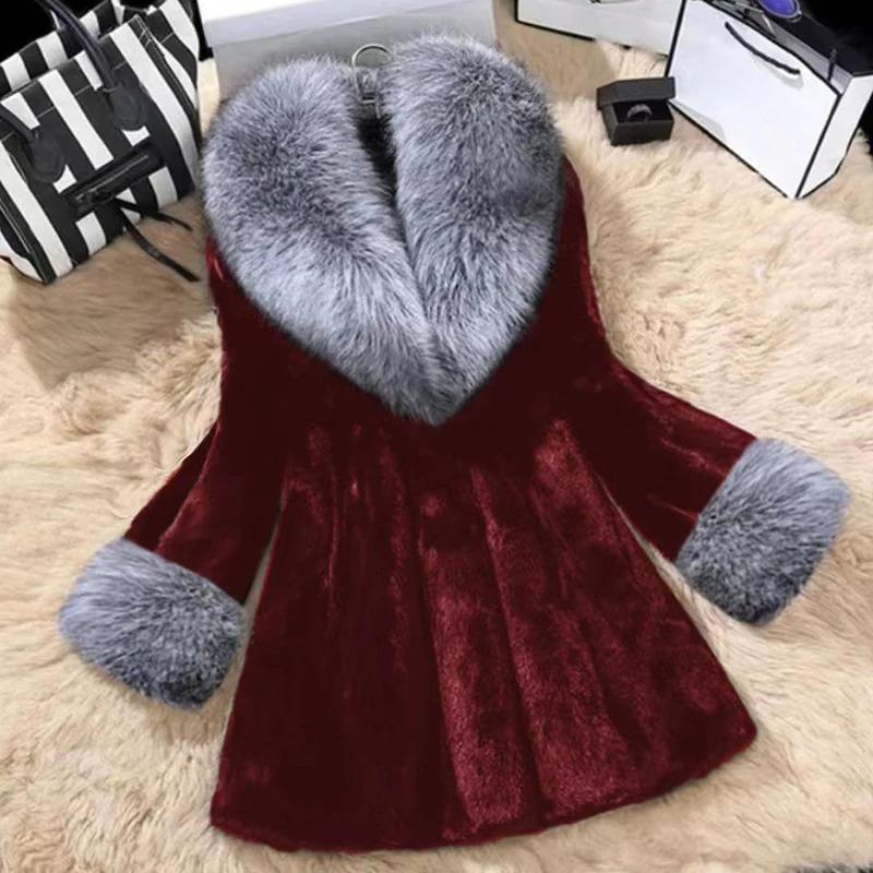 Office Lady Commute Coat Elegant Imitation Fur Hair Collar Splicing V Neck Nine-quarter Sleeves Warm FurJackets Coat For Women