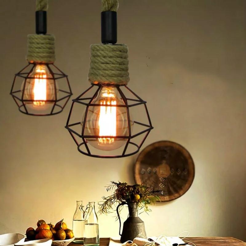 Creative Retro Hemp Rope Pendant Lamp Restaurant Bedroom Rope Lights Living Room Corridor Morden Iron Bird Cage Hanging
