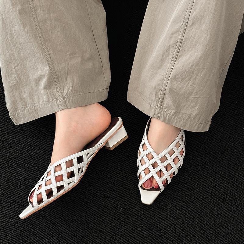 Fashion 2025 Summer Women Genuine Leather Sandals Brand Narrow Slingback Sandals Open Toe Low Heel Shoes Woman Sandalias Slides Women