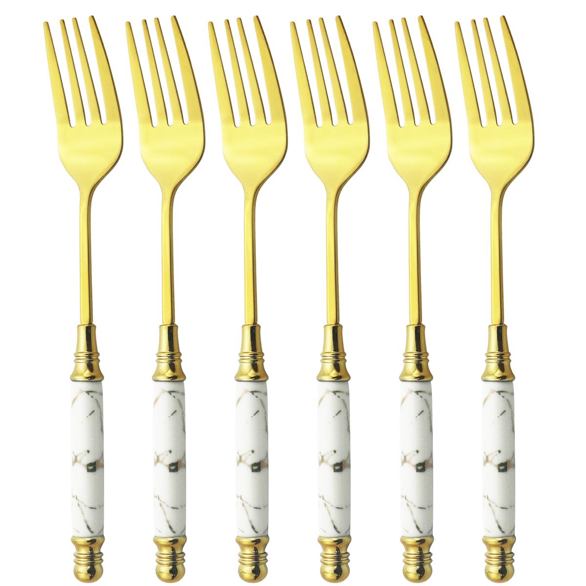 

6 шт. цветной набор столовых приборов, креативный набор вилок с имитацией мрамора, обеденная вилка, посуда из нержавеющей стали, кухонная керамическая ручка, столовое серебро золотой/белый