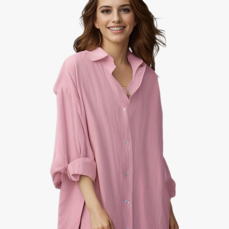 Camicia da donna taglia forte primaverile e autunnale con protezione solare, camicia a taschino media lunga casual ampia