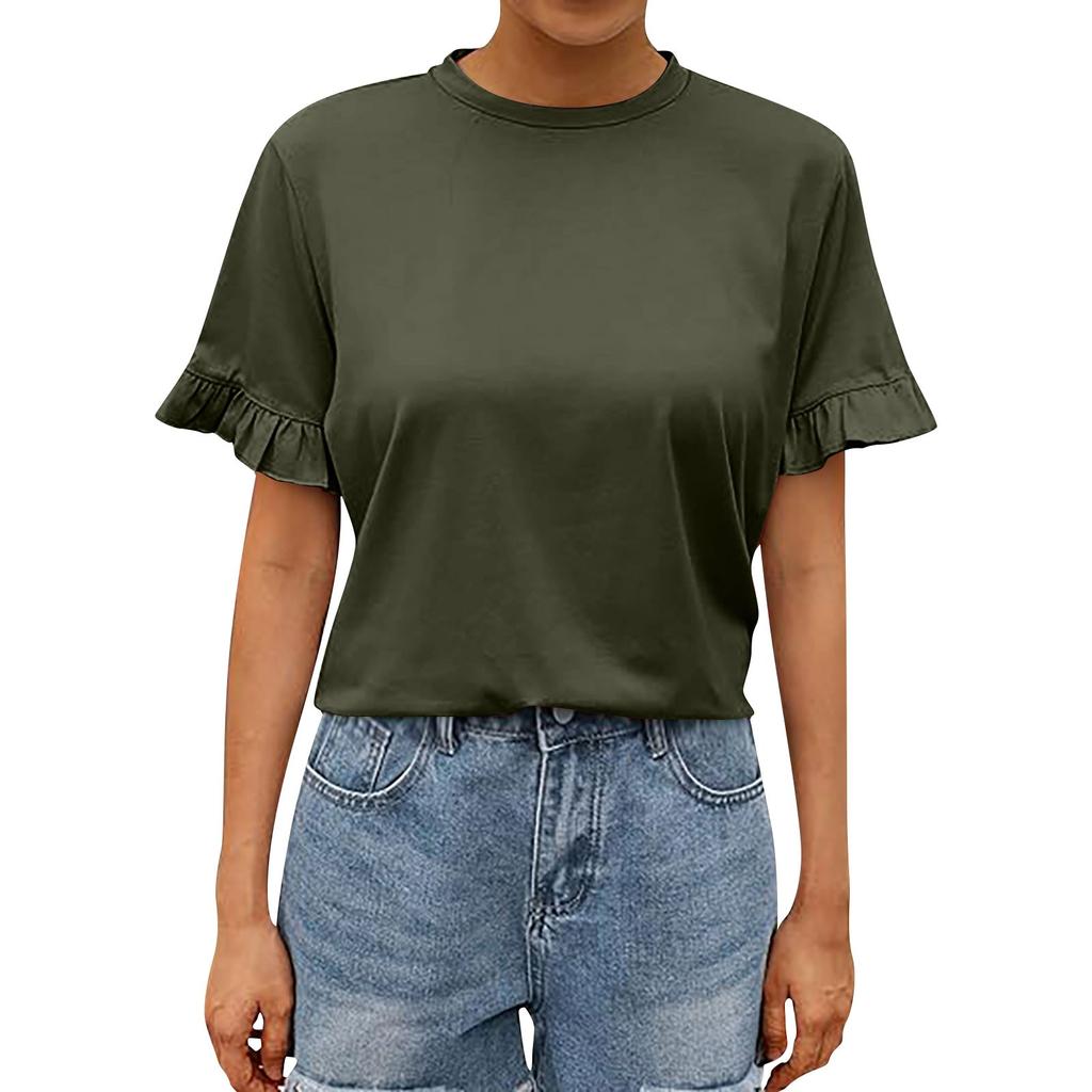 Ladies Summer Color Short Sleeve Ruffle Round Neck T-Shirt