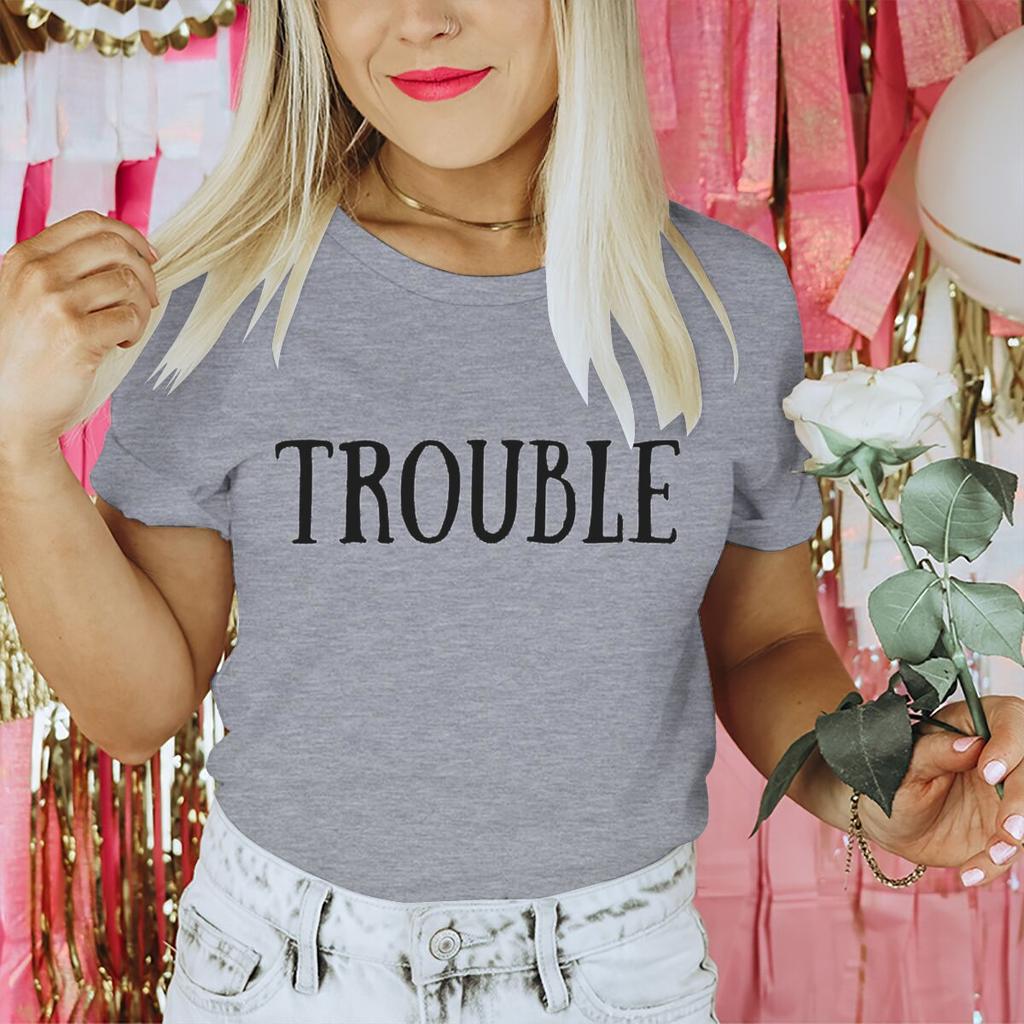 Valentines Day Tshirt Where I GoTrouble Print Funny Letter Graphic T Shirt Women Men Crewneck Y2K Tops Couple Matching Tshirt