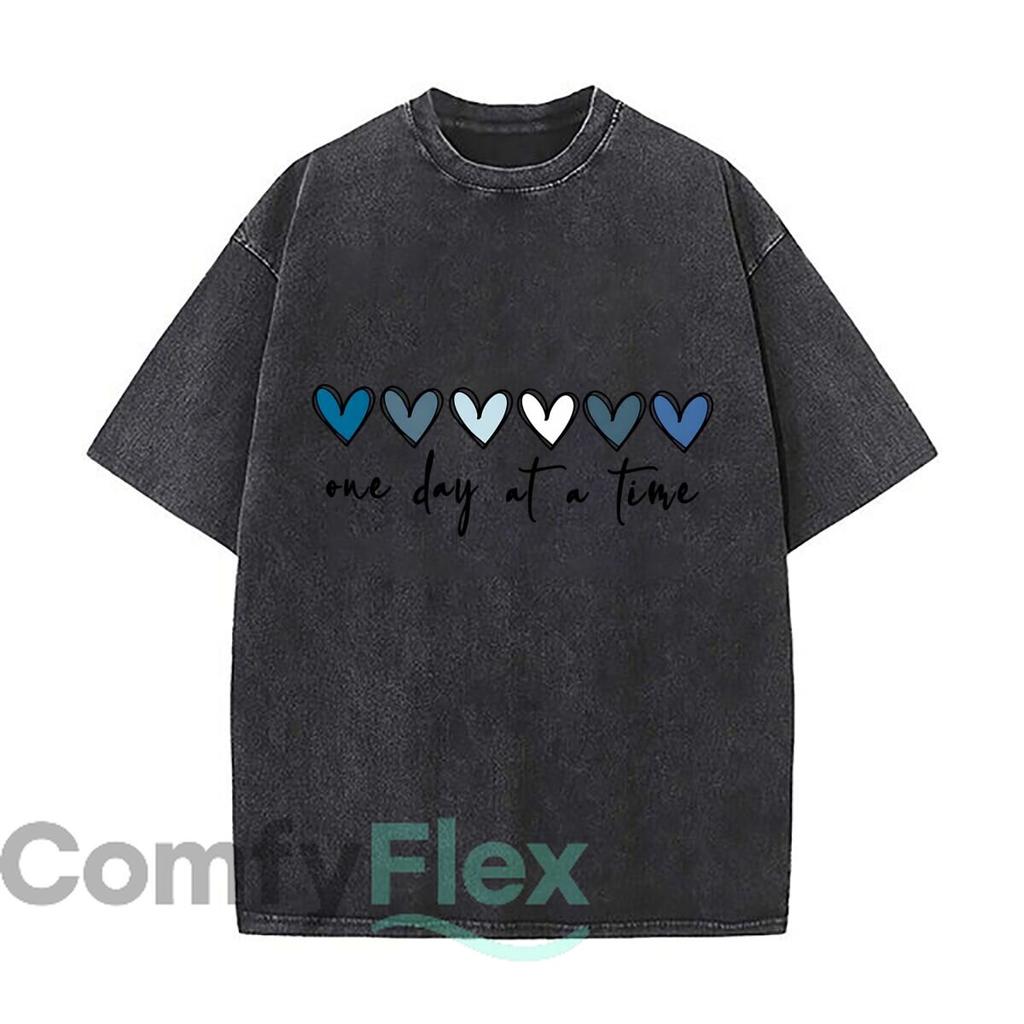 One Day At A Time Blue Hearts Washed Short Sleeve Loose Streetwear Tee Hip Hop