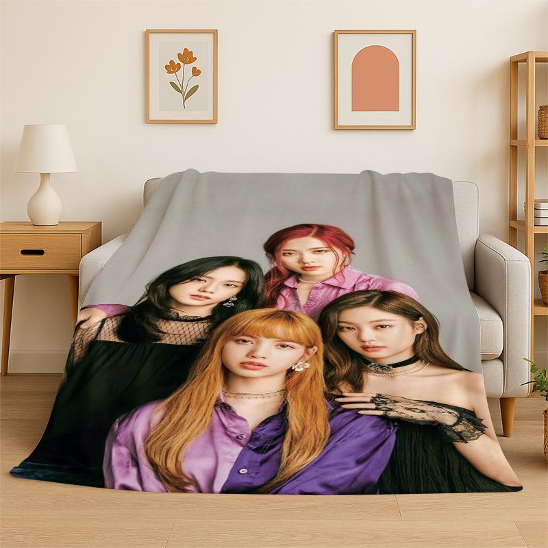 Fashion B-Black P-Pink Kpop Star Flannel Blanket Soft Warm Throw Blanket for Bedroom Living Room Bed Travel Camping Picnic Kid