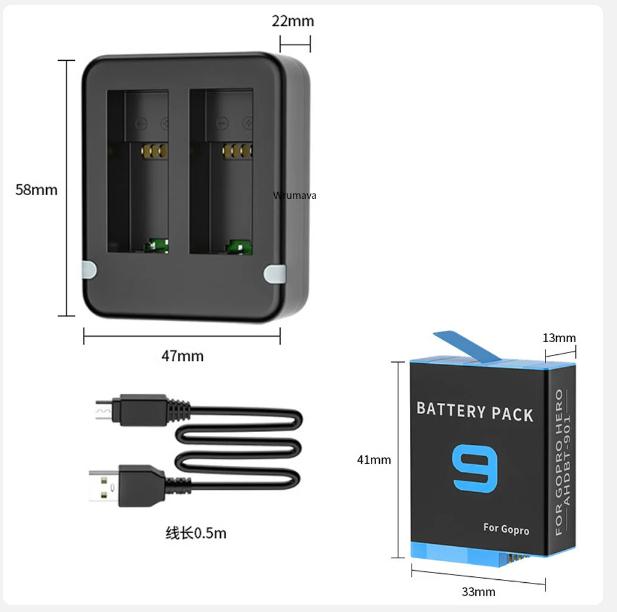 Dual Port Slot Double Battery Charger For Gopro Go Pro Hero 11 10 9 Black with USB Cable Action Camera Accessory