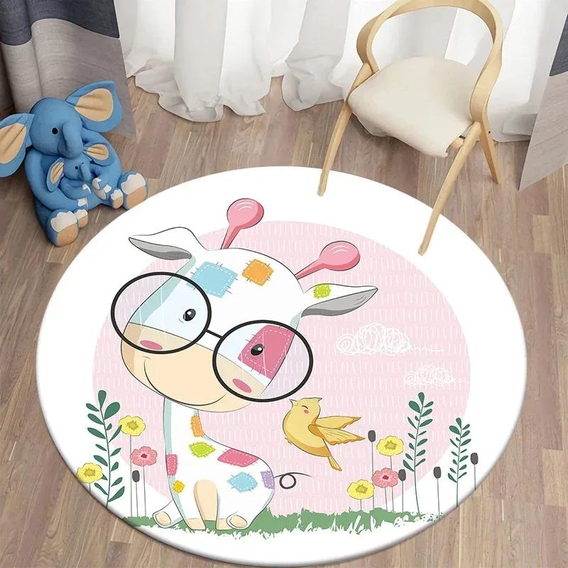 Cute Cartoon Animal Round Door Mat with Bunny Giraffe Fox Patterns Floor Mat for Kids Room Decor Adding Playful Charm