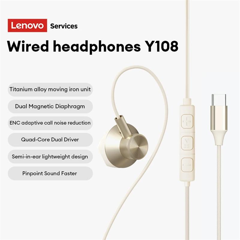

Lenovo Y108 Wired Earphones Semi-In-Ear e-sports Headphones 3.5mm Type-C Noise Reduction Stereo Music Earbuds Soft Silicone Comfort Wearing Headset TYPE-C