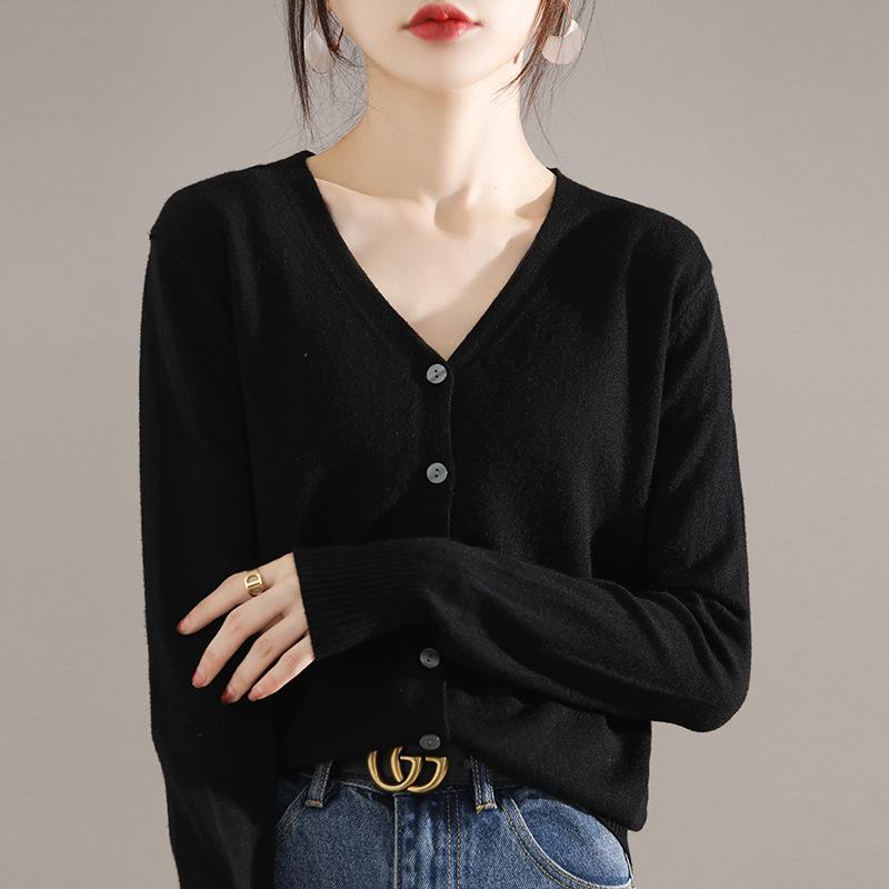 Autumn Winter Casual Fashion Solid Color V-neck Cardigan Coat Women All-match Bottomed Knitting Top