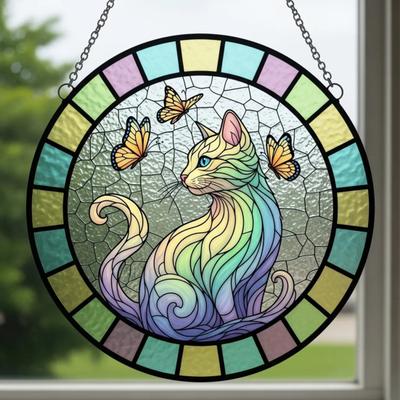 Cat Butterfly Suncatcher Hanging Decoration Indoor Outdoor Home Garden Wall Window Hanging Stained Glass Acrylic Ornament Pendant Pet Lovers Gifts