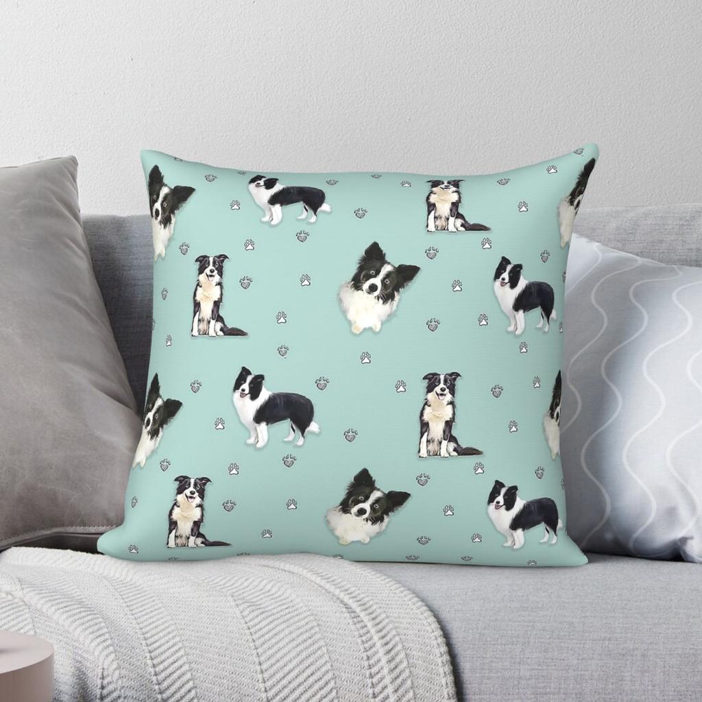Border Collie Blaue Quadratische Kissenhülle Polyester Leinen Samtmuster Reißverschluss Dekorative Auto-Kissenhülle