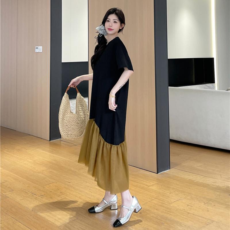 Dimanaf 2025 Summer Plus Size Dress Women Casual Vintage Spliced Dress Basic Loose Long Short Sleeve Dress Cotton