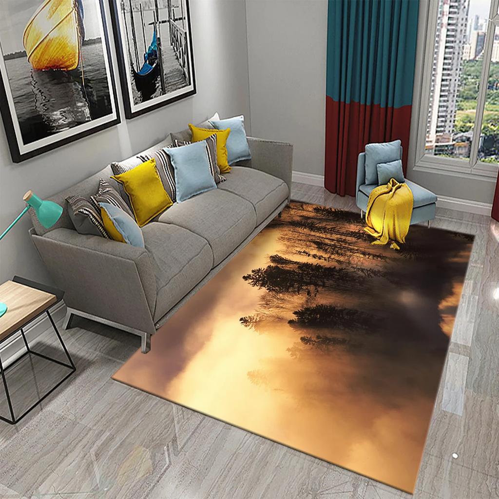 3D Foggy Forest Carpet White Smoke Fog Clouds Rugs Bathroom Kitchen Non-Slip Doormat Area Rug Living Room Bedroom Decor Rugs