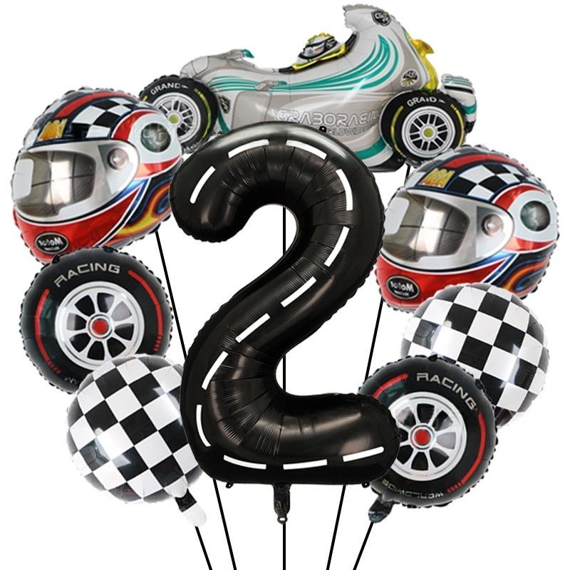 8 Pcs Race Car Theme Number Foil Balloon Set 40Inch Digit Motor Helmet Wheel Tire Racing Balloons Boy Birthday Decoration Baby S
