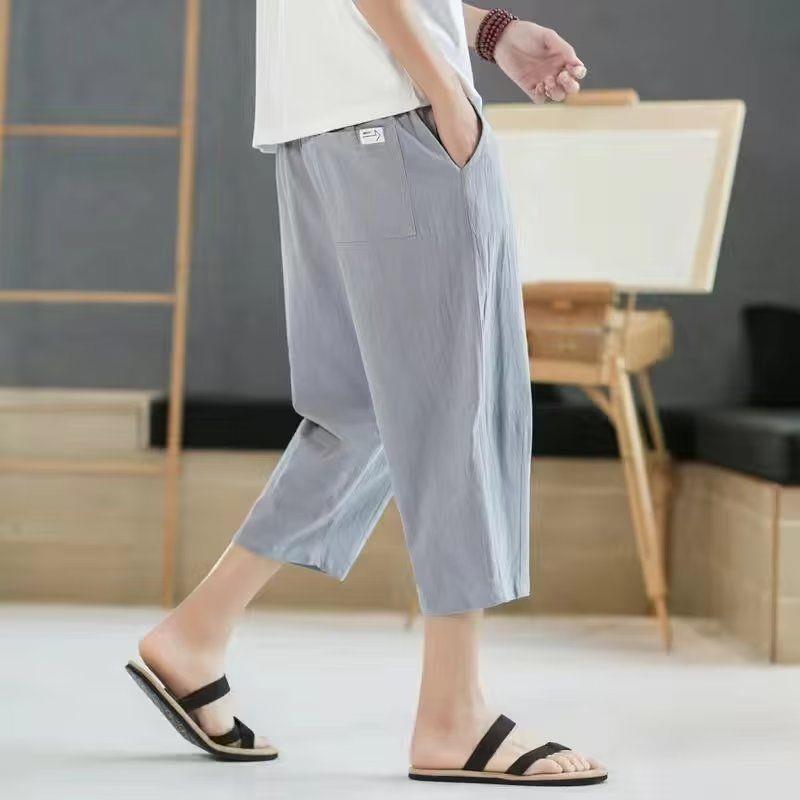 Men's Summer Cotton & Linen 7-Point Cropped Pants - Lightweight, Casual, and Loose Fit