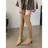 Overknee-Stiefel für Damen, zwei Modelle mit weitem Schaft für Herbst und Winter, Wildleder, spitze Zehen, dünne Absätze, hohe Absätze, gefaltete, übereinanderliegende Stiefel