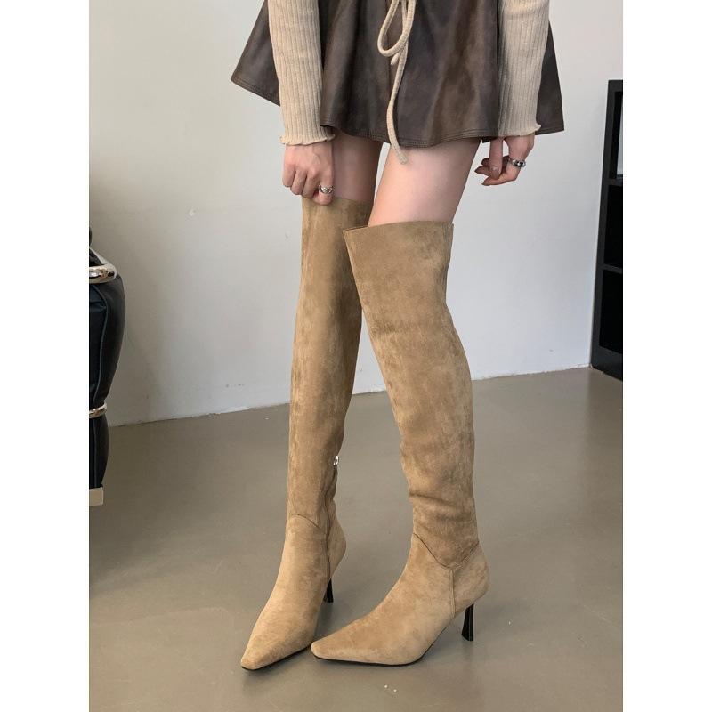 Overknee-Stiefel für Damen, zwei Modelle mit weitem Schaft für Herbst und Winter, Wildleder, spitze Zehen, dünne Absätze, hohe Absätze, gefaltete, übereinanderliegende Stiefel