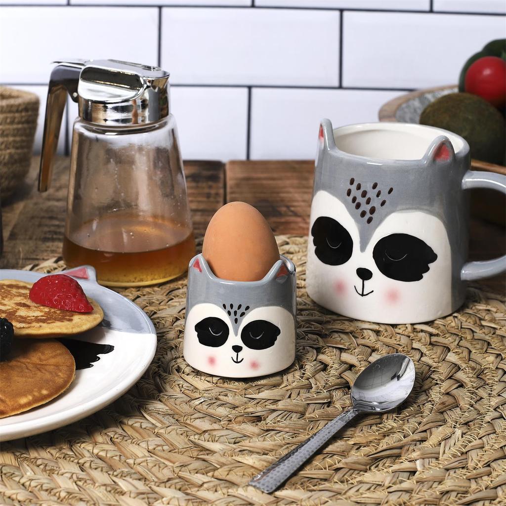 Egg Holder Raccoon Ceramic Gray And White