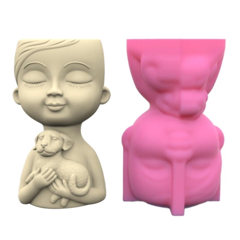Boy and Puppy Succulent Pot Mold for DIY Concrete Flower Pots Resin Mold Pen Holder Resin Mold Desktop Decoration Home