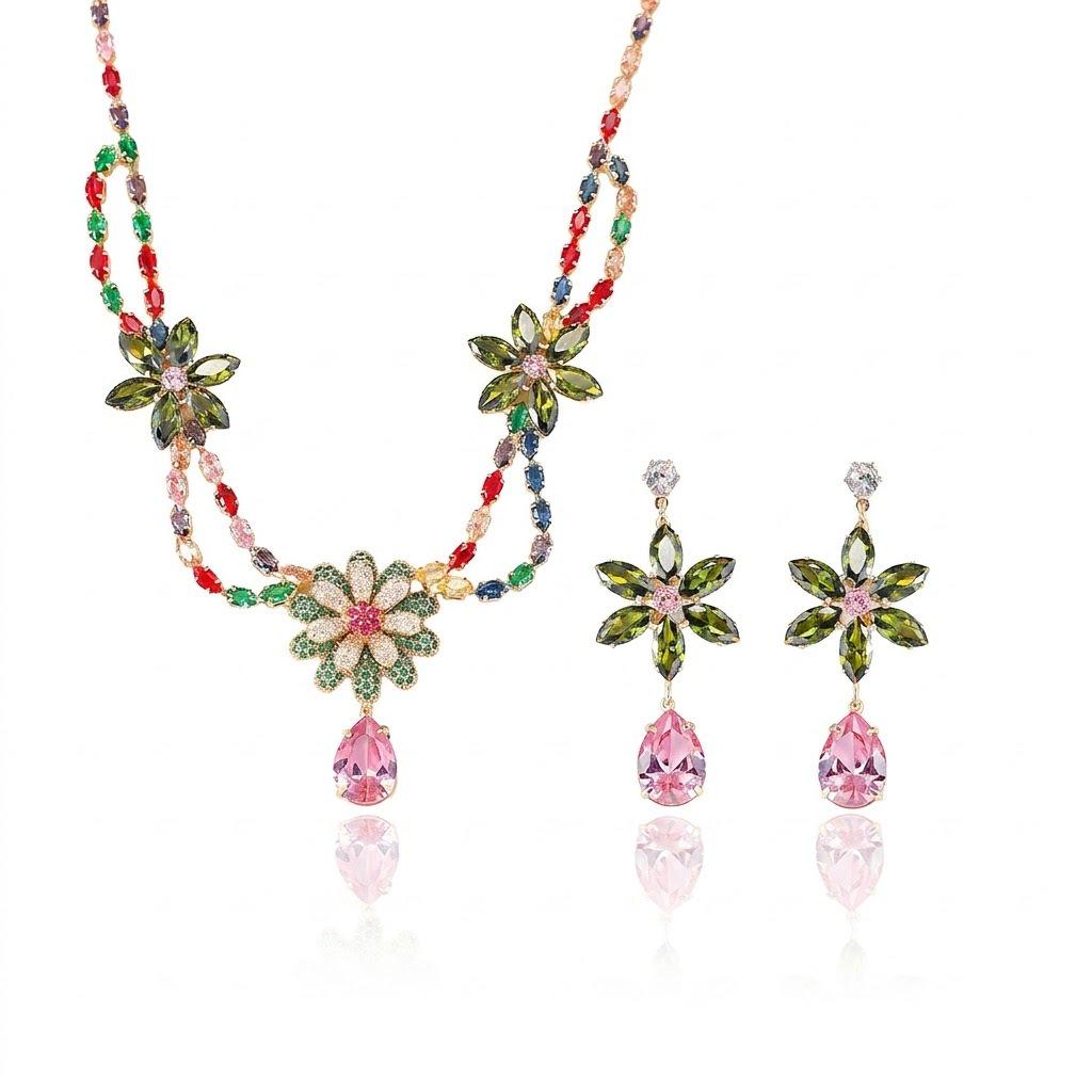 Cross-Border Trendy Zircon Earrings & Colorful Flower Necklace Fresh Collarbone Chain Jewelry