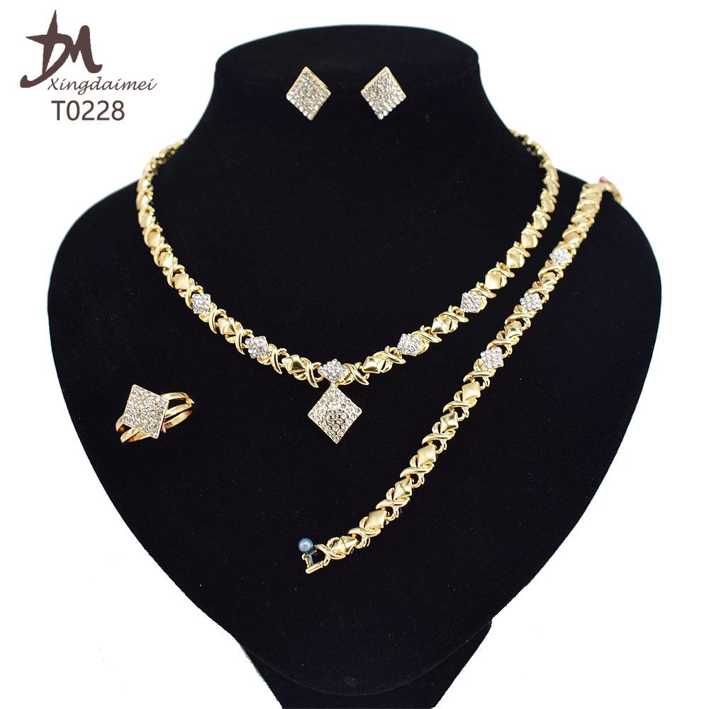 T0228 Plated Bracelet Women Gold Kiss Set 18K Necklace Earrings Pedant Heart Ring Xoxo Necklace Set Jewelry 8