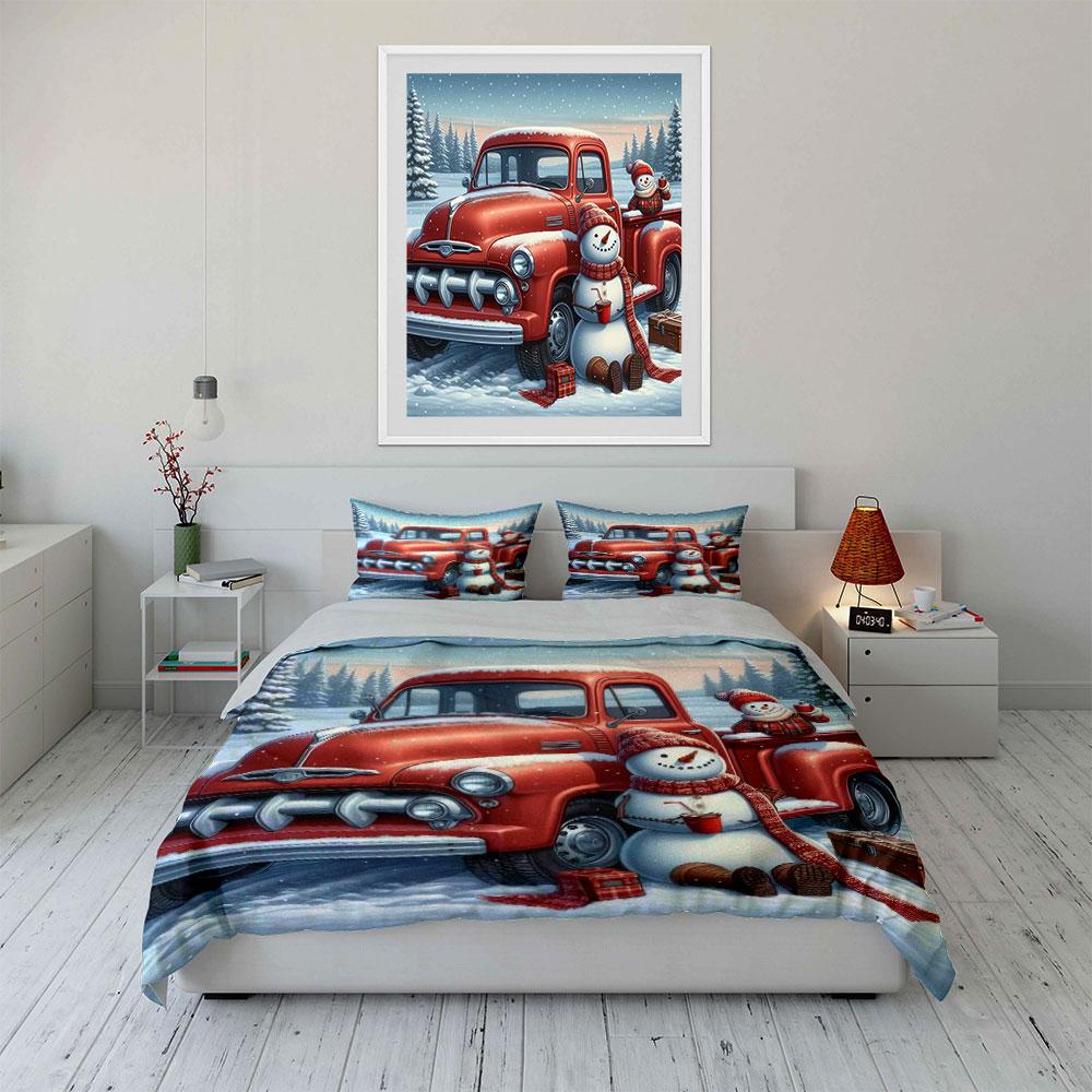 Red Truck with Snowmen Scene Bedding Duvet Cover Set (1*Duvet Cover 2*Pillowcases, without duvet insert)