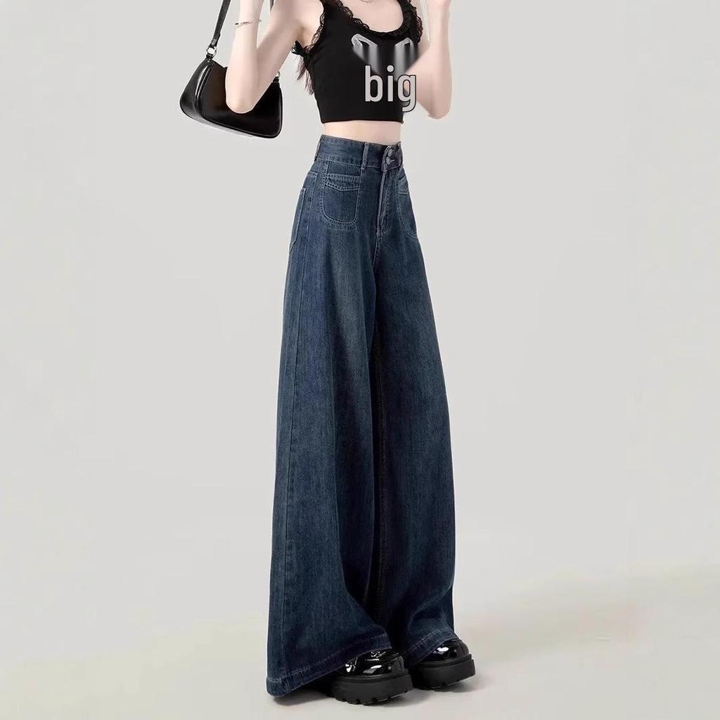 Women's Dark Blue Wide-Leg Jeans - Autumn Loose Fit, Slimming, Floor-Length, Plus-Size Velvet Pants