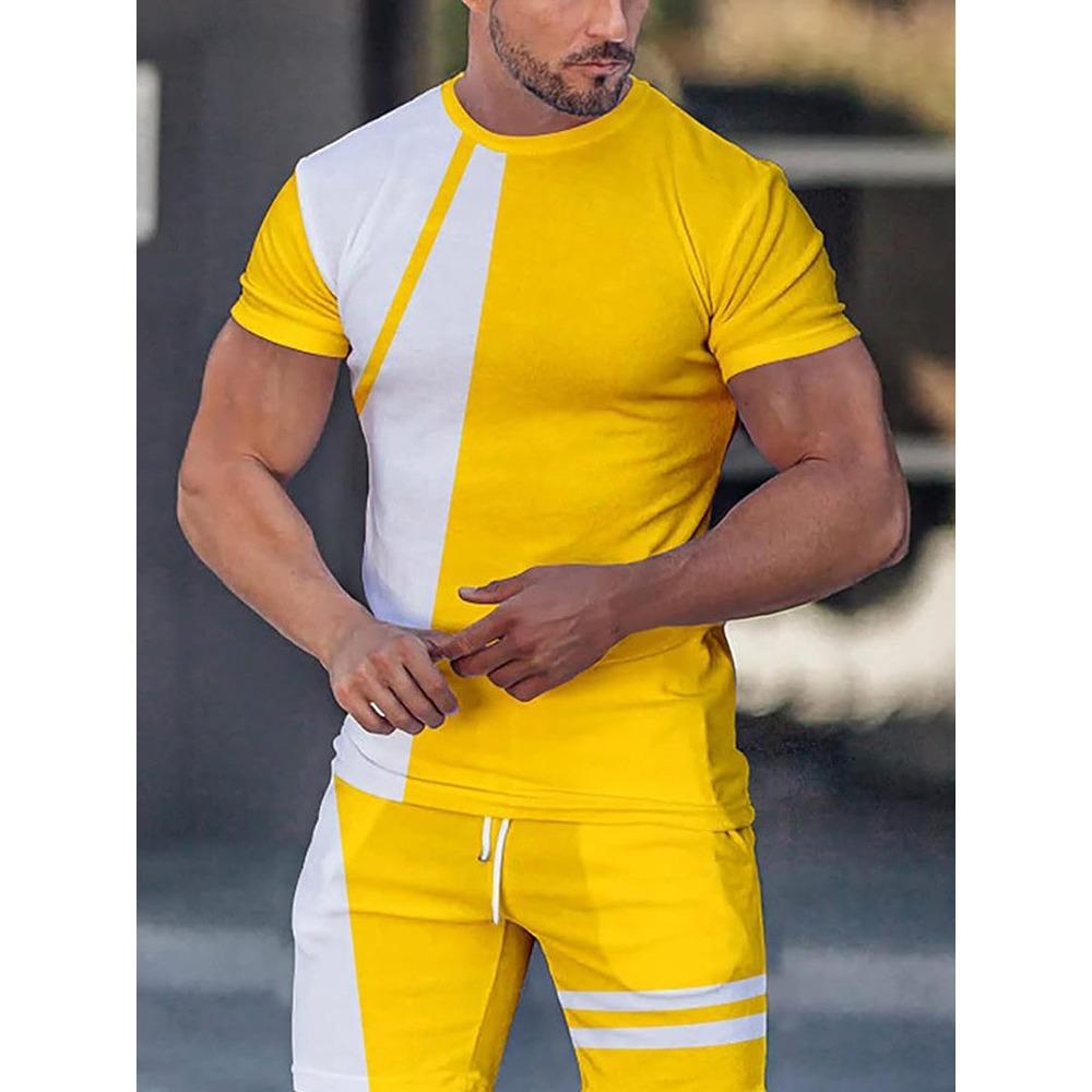 Patchwork Printing Mens 2 Pieces Casual Fashion T-shirt Set Workout Tracksuit Shirt And Shorts Set Sport Summer Outfit Sets
