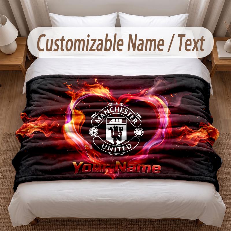 Manchester United Printed Flannel Blanket Custom Name Text Soft Warm Throw For Bedroom Holiday Gift