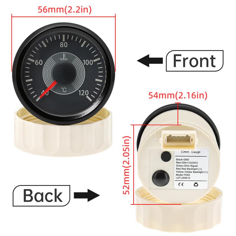ZMFJH 40~120℃ 52MM Water Temperature Gauge with RED Yellow Backlight Retro Classical Water Temp Meter for Boat Car Waterproof