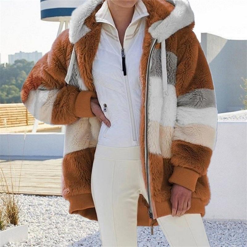 Winter Thickening Warm New Fashion Women Jacket Stitching Plaid Ladies Coats Casual Hooded Loose Plush Zipper Ladies Clothes