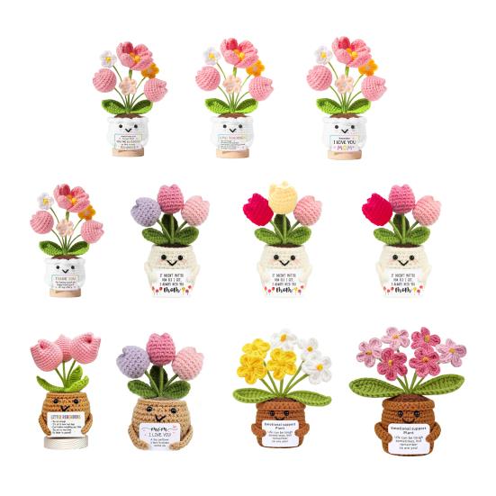 Regalos de Agradecimiento Positivos de Ganchillo Tulipán Flor Silvestre para Mujeres Mamá Amigas Muñeca de Flor en Maceta Hecha a Mano con Tarjeta Regalo de Apoyo Emocional para el Día de la Madre