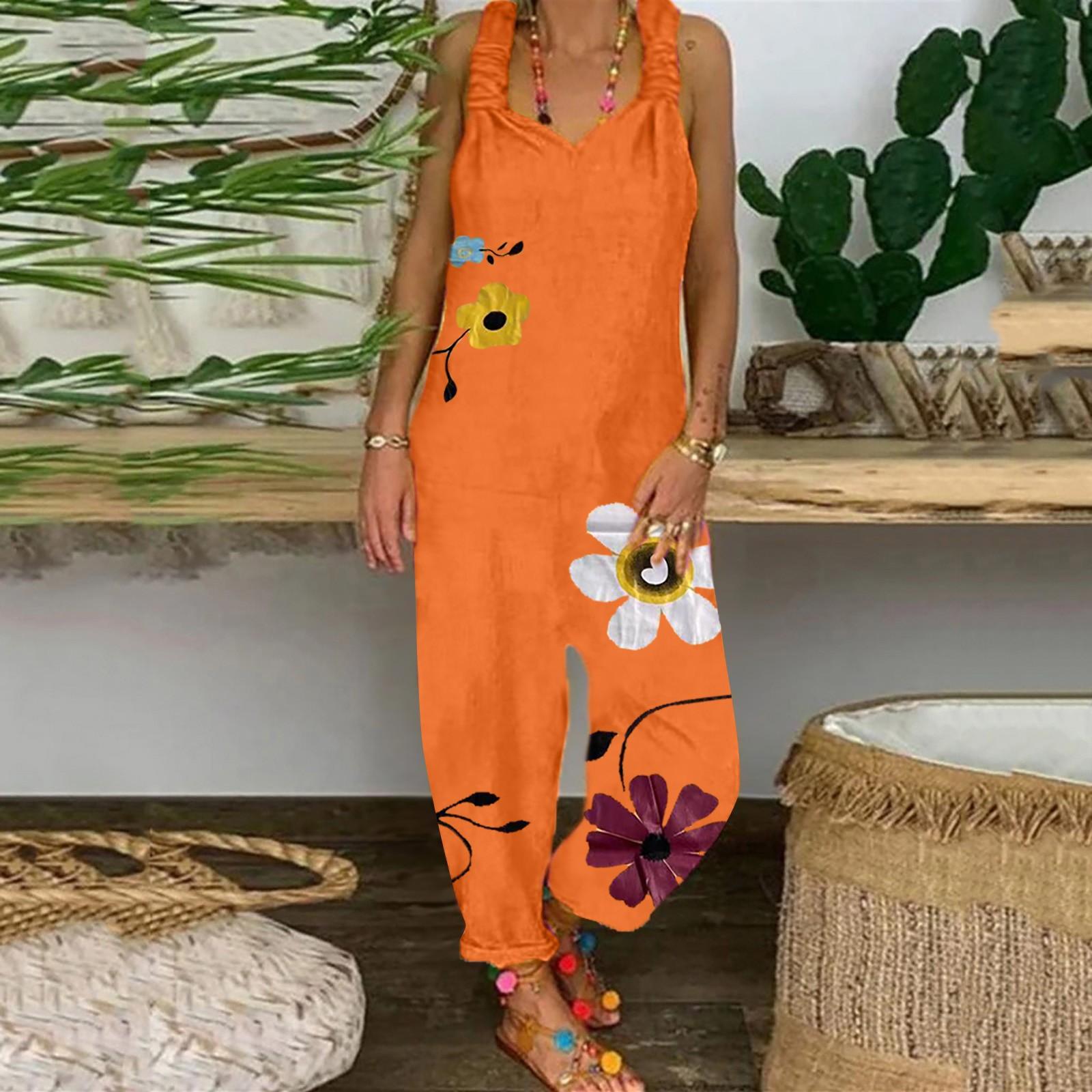 

Fashion Printed Retro Bohemian Art Loose Casual Linen Suspender Pants Jumpsuits XXXL помаранчевий