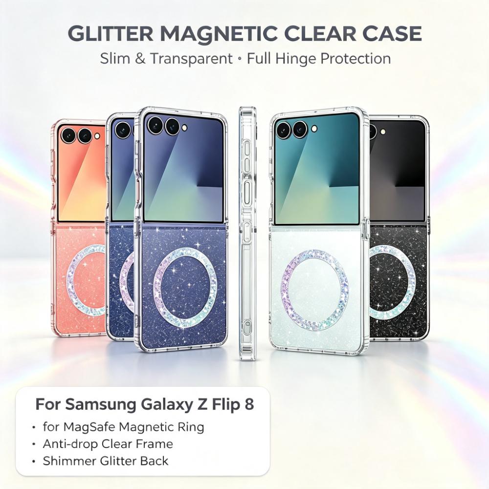 Transparente Glitzer-Stern-Kreis-Magnet-Hülle für Samsung Galaxy Z Flip 8/7/6/5 Sternenhimmel Kabelloses Ladecover