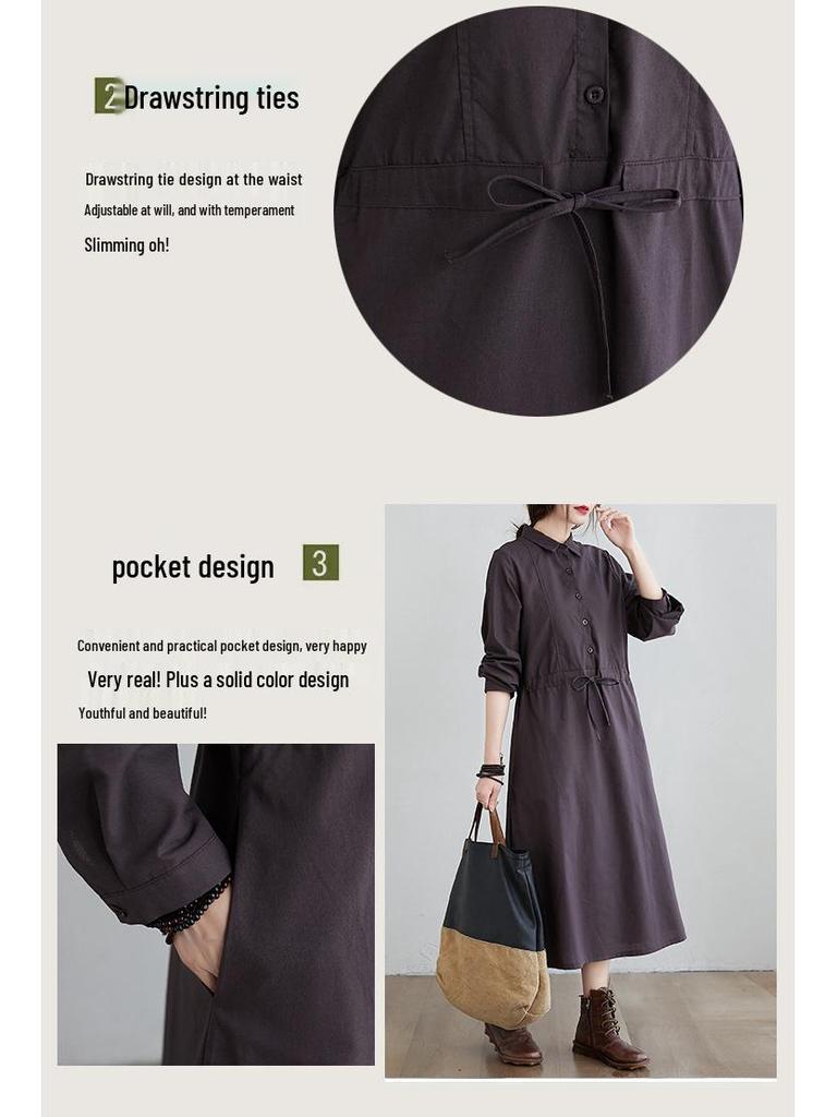 2025 Autumn Korean Style Cotton-Linen Polo Collar Elegant Long Sleeve Shirt Dress