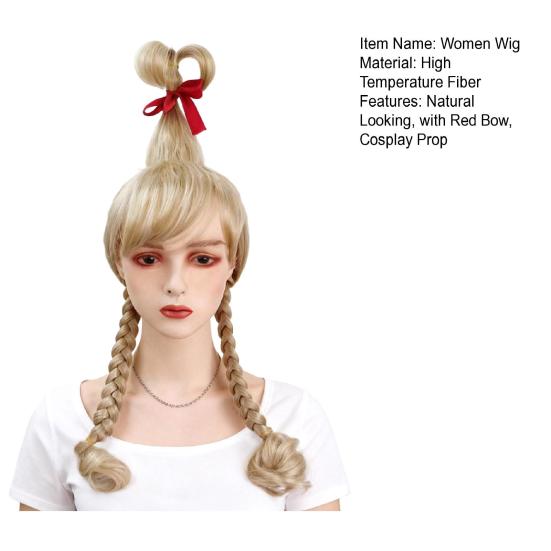 Women Wig Blonde with Red Bow Long Braids