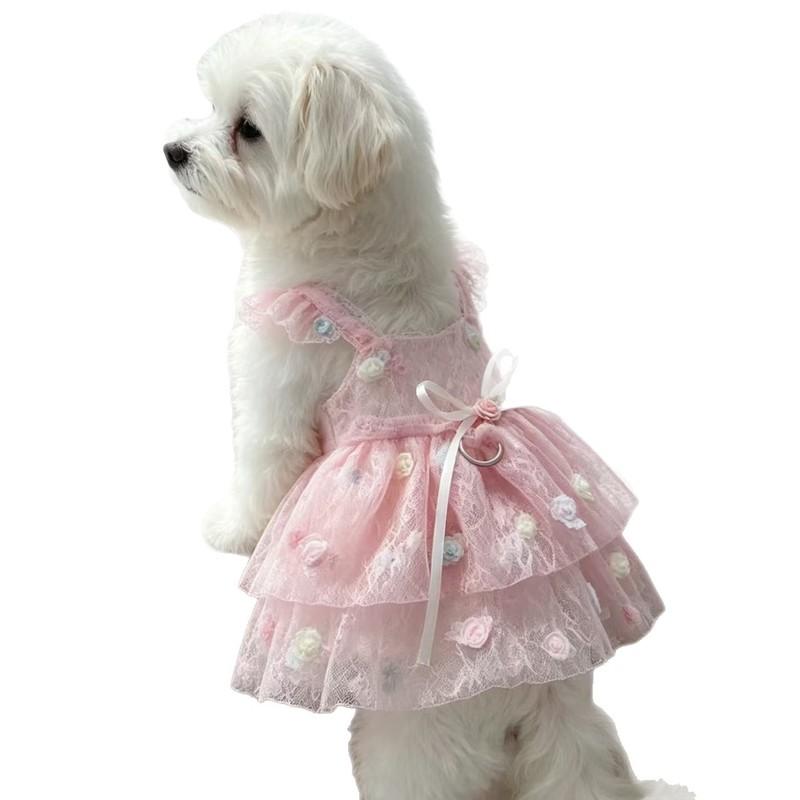 Sweet Lace Princess Dog Dress Thin Puppy Summer Clothes with 3D Floral Decor For Small Medium Cat Teddy Chihuahua Dog Clothes