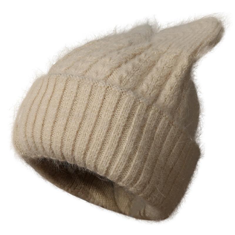 Angora rabbit fur hat autumn and winter knitted plush cat ear shape warm cute ladies casual hat