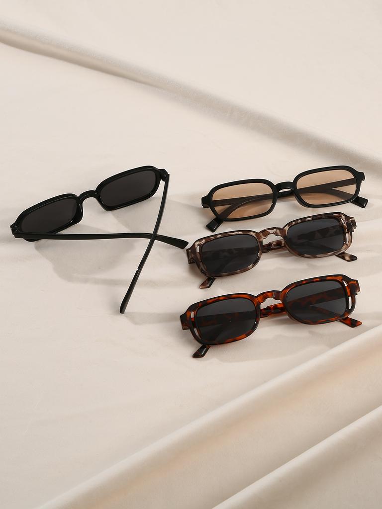 4Pcs Fashionable Rectangular Small Frame Sunglasses Set Includes Black Frames, Leopard Print and Other Styles for Fashionable We