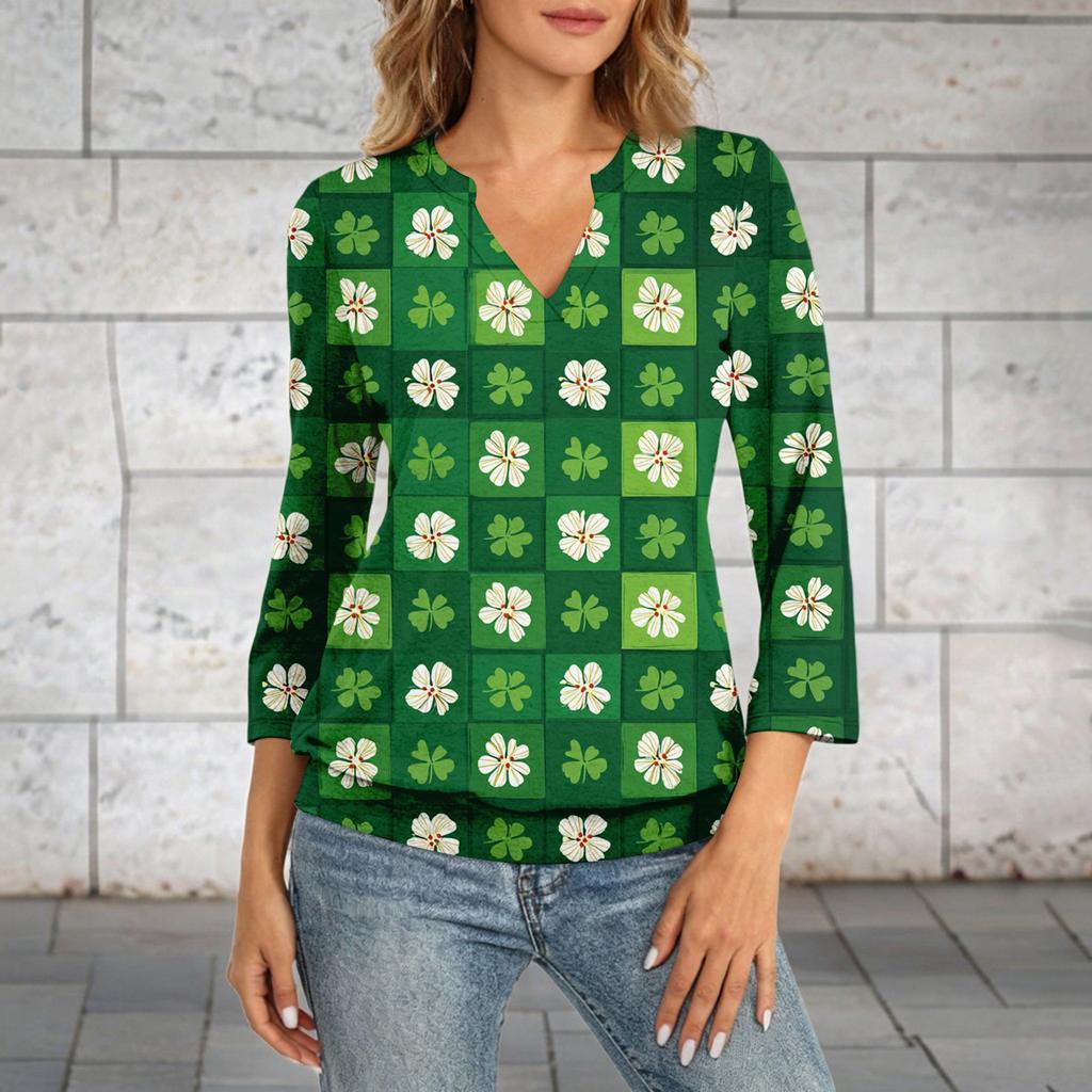 Women's 3/4 Sleeve Top With Cuffed Hem, V-Neck, Summer Casual -Shirt, St. Patrick's Day Printed Top