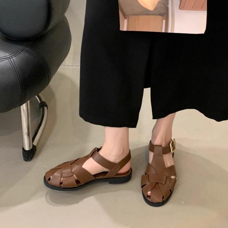 Fashion Fashion Cutout Narrow Strap Woven Flat Sandals Women Sexy Metal Buckle Designer Shoes Comfortable Lightweight Gladiator Sandals