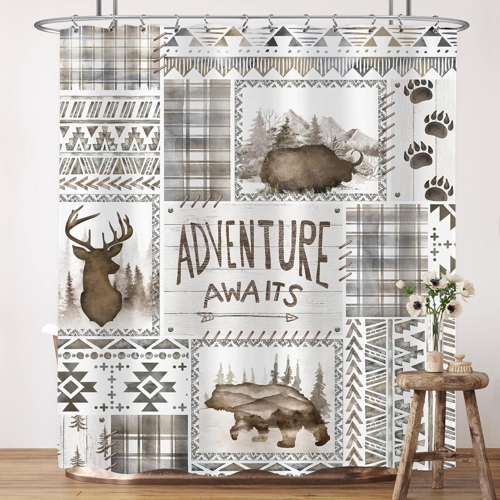 Rustic Bear Cabin Shower Curtain, Western Lodge Mountain Animal Design, Waterproof Polyester With Hooks