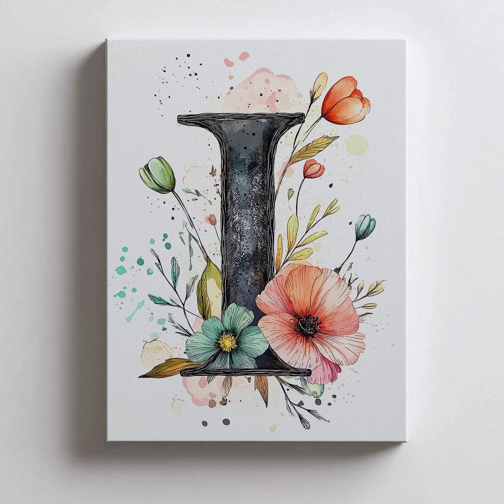 Plakat Litera "I" Z Kwiatami Plakat Litera "I" Z Kwiatami, 30X40 Cm, Rama Drewniana Ciemny Brąz, Papier Matowy 230 Gsm