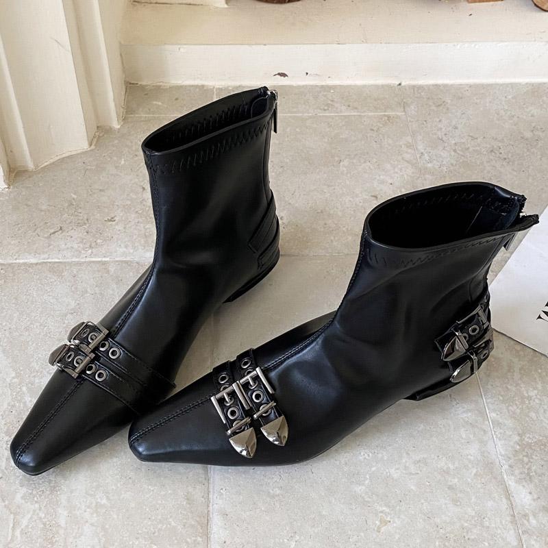 

Eilyken New Winter Fashion Pointed Toe Women Ankle Boots Belt Buckle Square Low Heels Comfortable Soft Leather Zipper Shoes 35