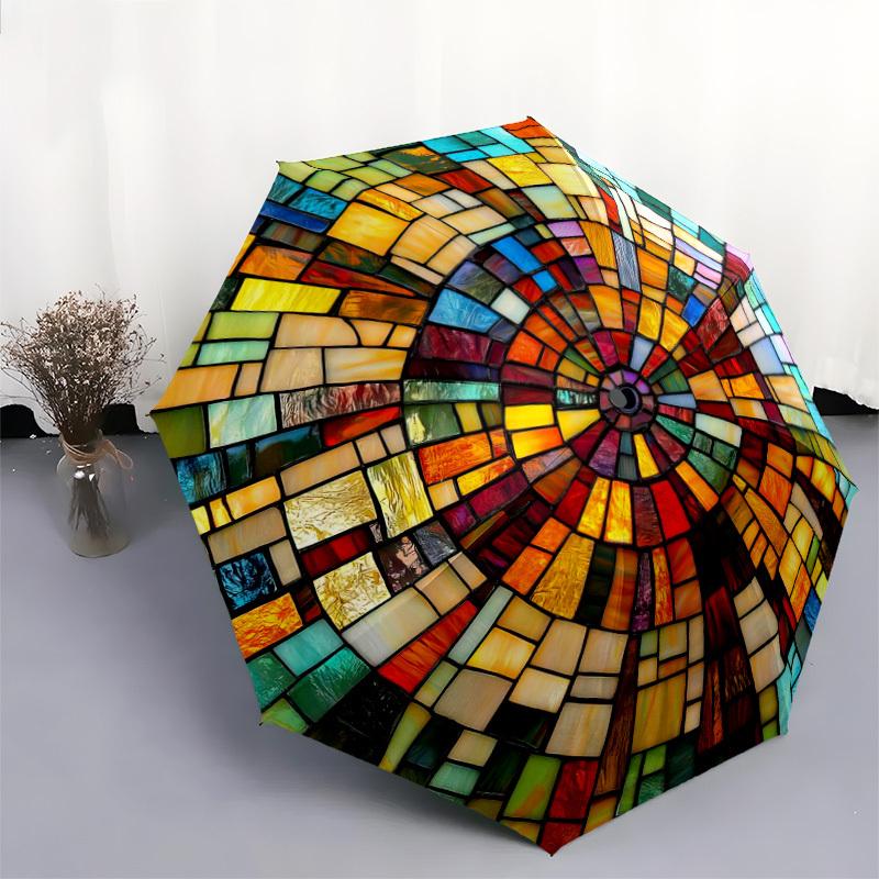 1pc Colorful Stained Umbrella - Automatic Open/Close, Portable Folding Umbrella with 8-Rib Sturdy Frame, Durable Iron & Plasti